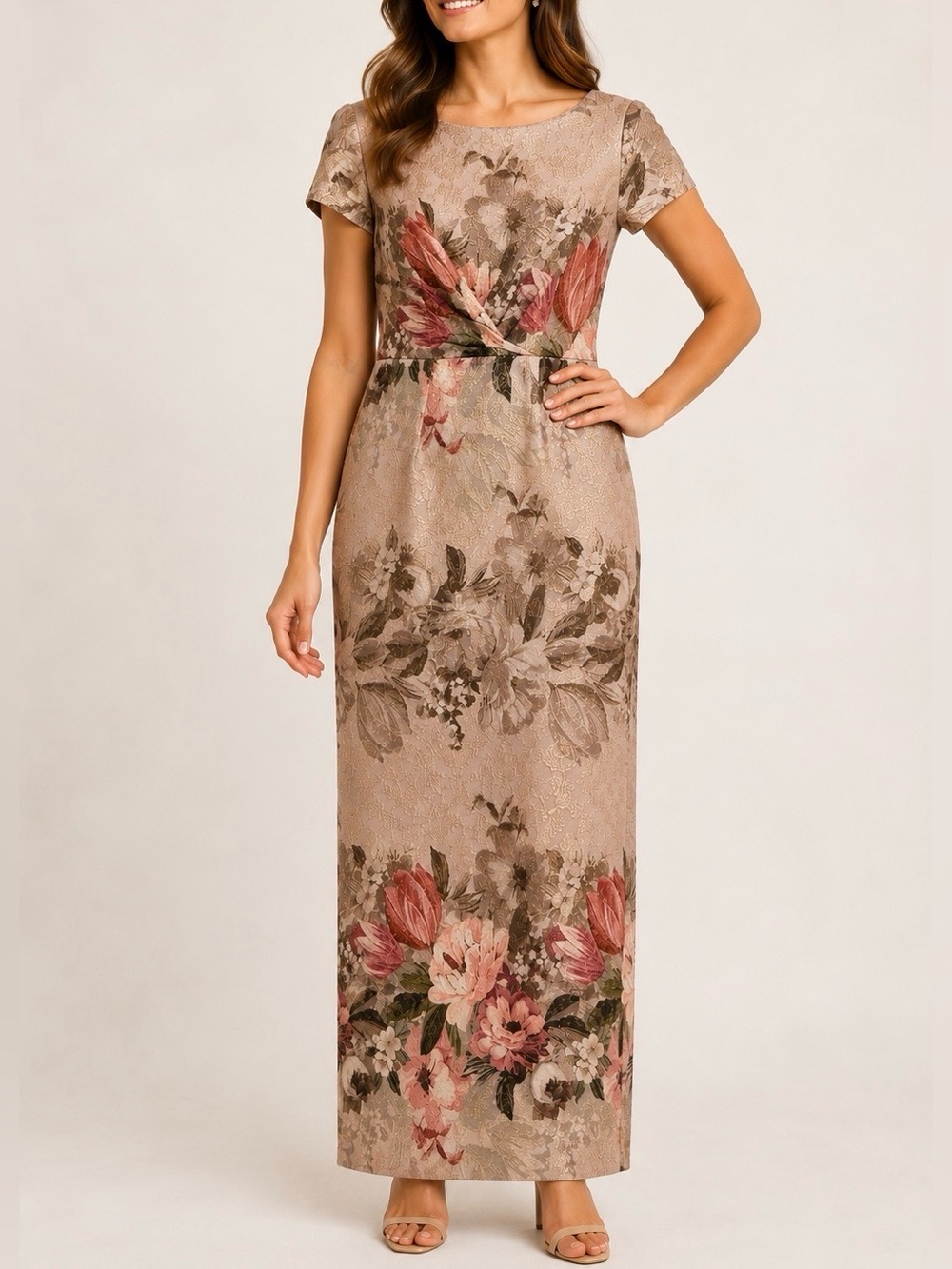 Elegant Floral Taupe Maxi Dress with Pink Accents